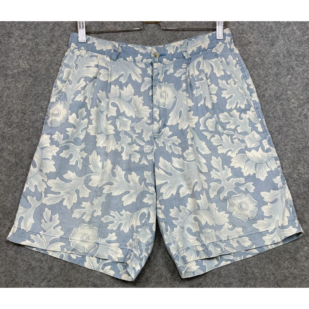 Vintage Banana Republic Shorts Mens 32 Blue Ivory Floral 100% Linen Pleated